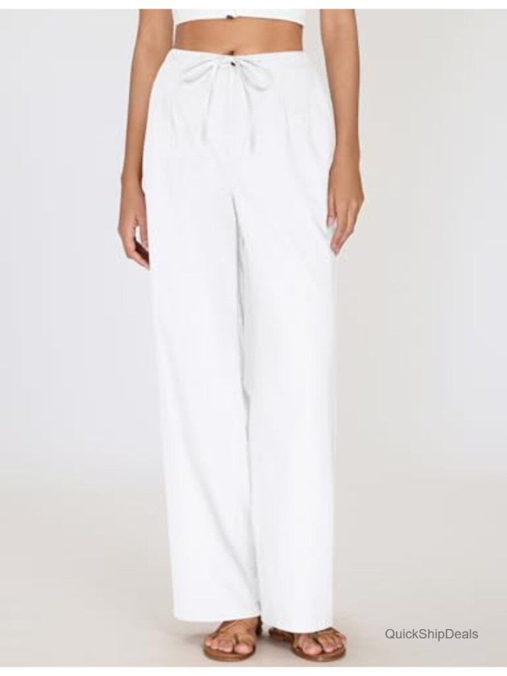 Linen Cotton Pants Wide Leg Drawstring Elastic Waist Casual Trousers with - Picture 3 of 6
